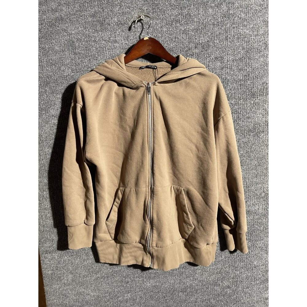 Zara Hoodie Mens Small Beige Full Zip Up Fleece Pockets Sweatshirt Basic
